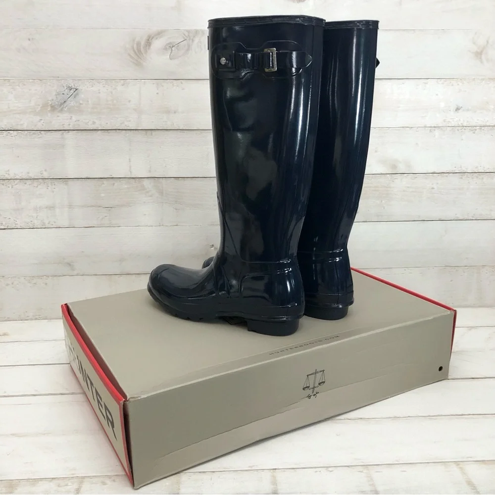 Hunter Navy Gloss Original Tall Rain Boots • Women's Sz 9 • NIB